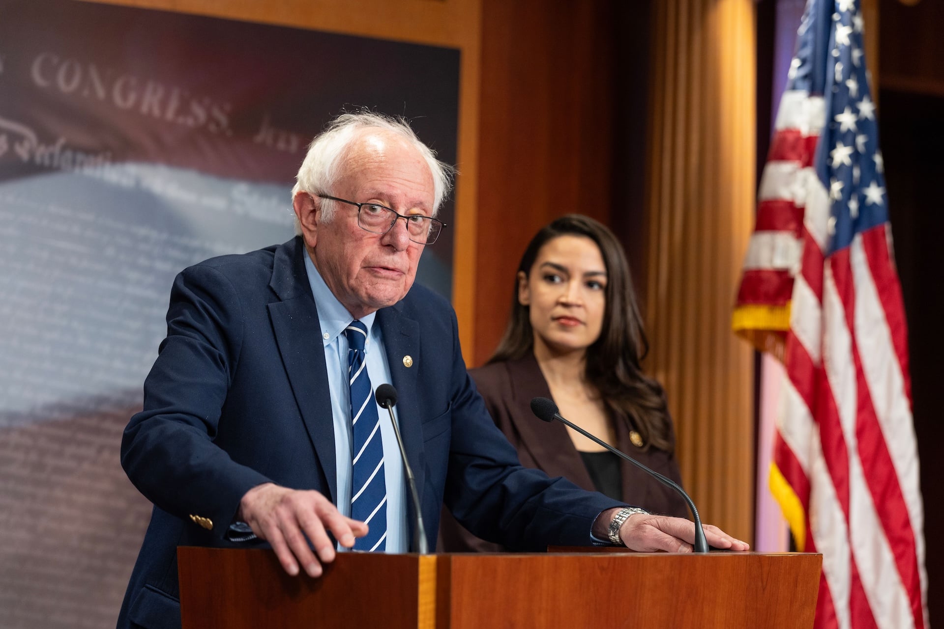 U.S. Sen Bernie Sanders (I-VT) and Rep. Alexandria Ocasio-Cortez (D-NY) hold a press conference to announce the Artificial Intelligence Data Center Moratorium Act at the US Capitol on March 25, 2026 in Washington, DC. 