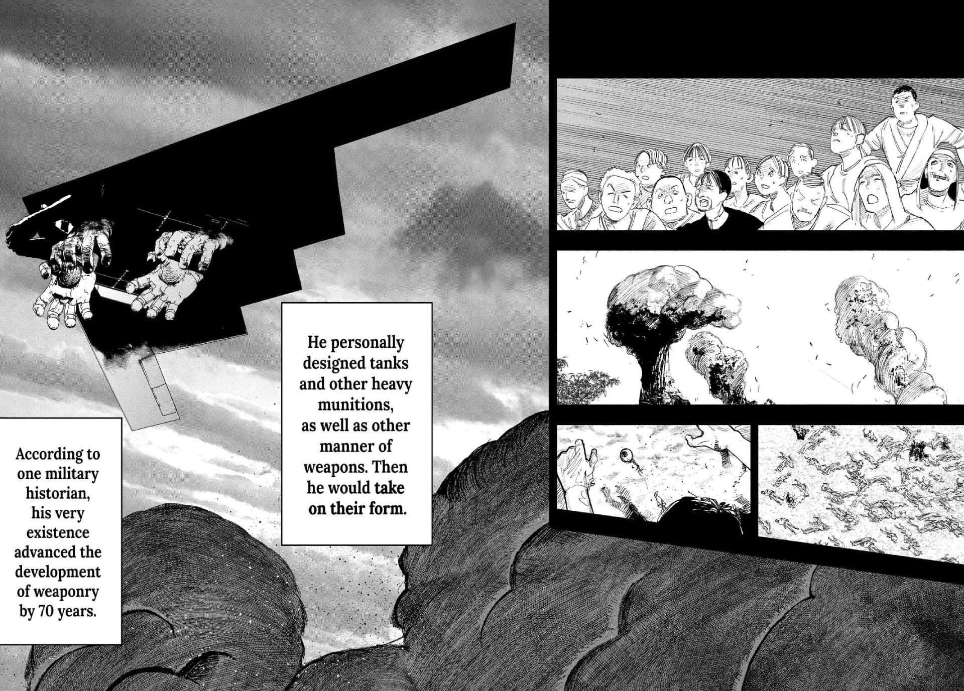 Choujin X manga page of a giant being destroying a village.