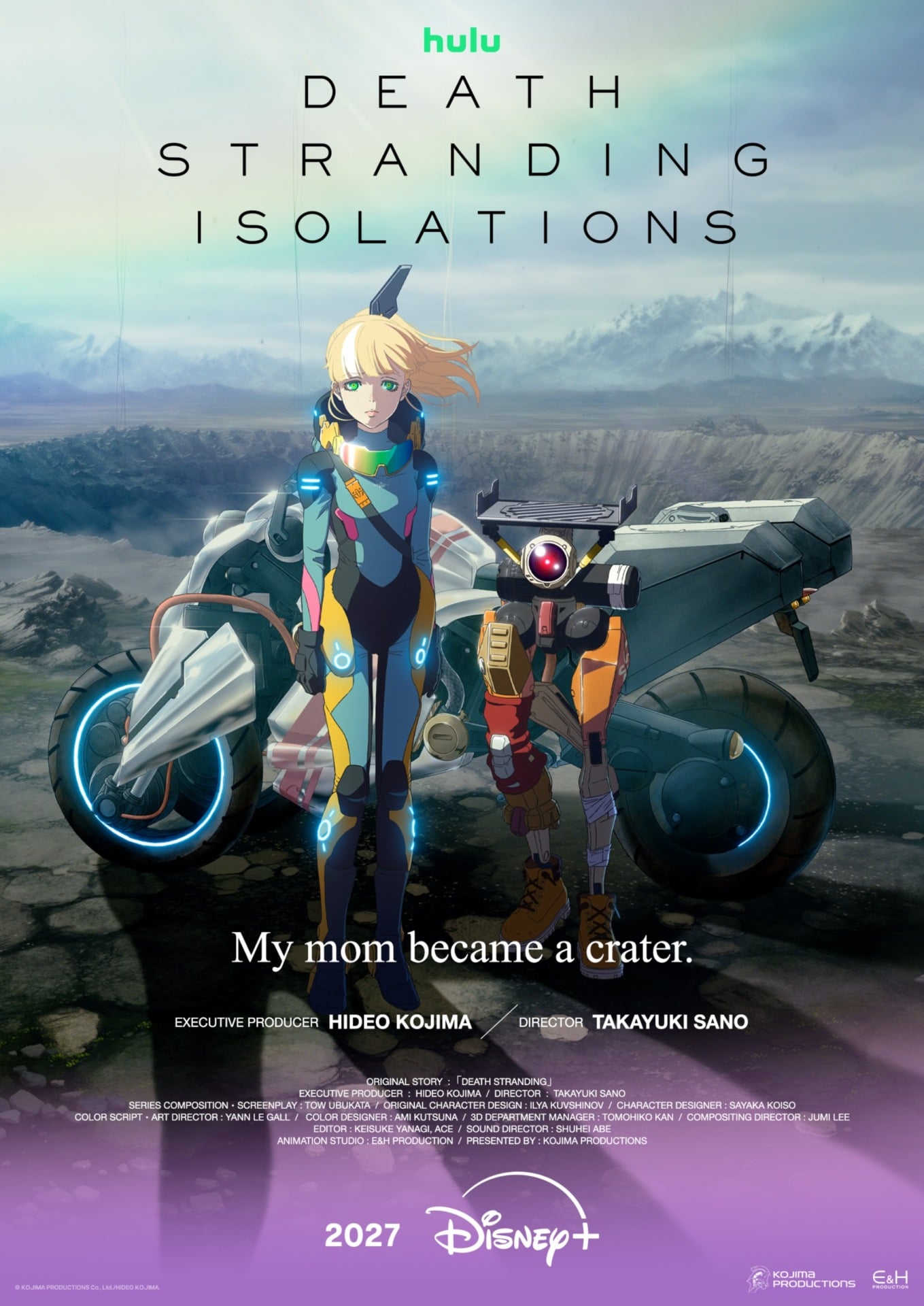 Death Stranding Isolations poster of a girl and a robot standing in front of a crater.