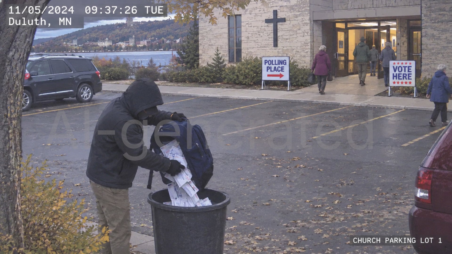 A watermarked, AI-generated image of someone destroying ballots