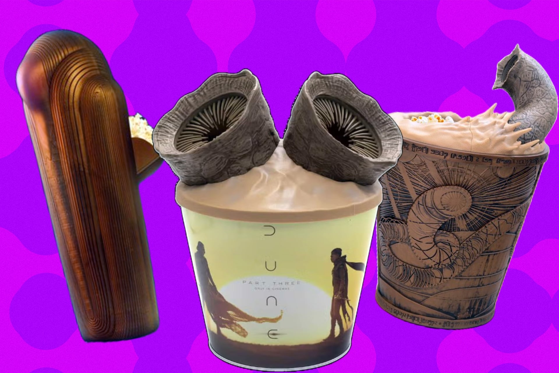 Collage of Regal, Cinemark, and AMC's Dune Part Three Popcorn Bucket