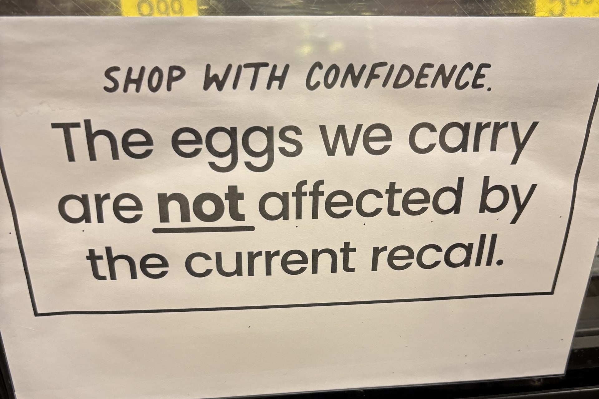 Sign in a supermarket in San Diego, California, advertising that the eggs in that store have not been recalled, on Oct. 12, 2026.