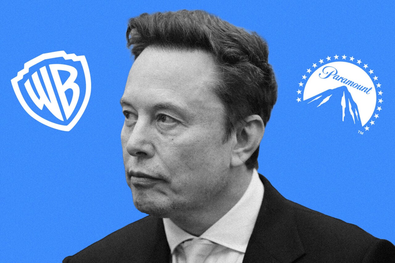 Elon Musk seen against a blue background alongside the Paramount and Warner Bros. logos