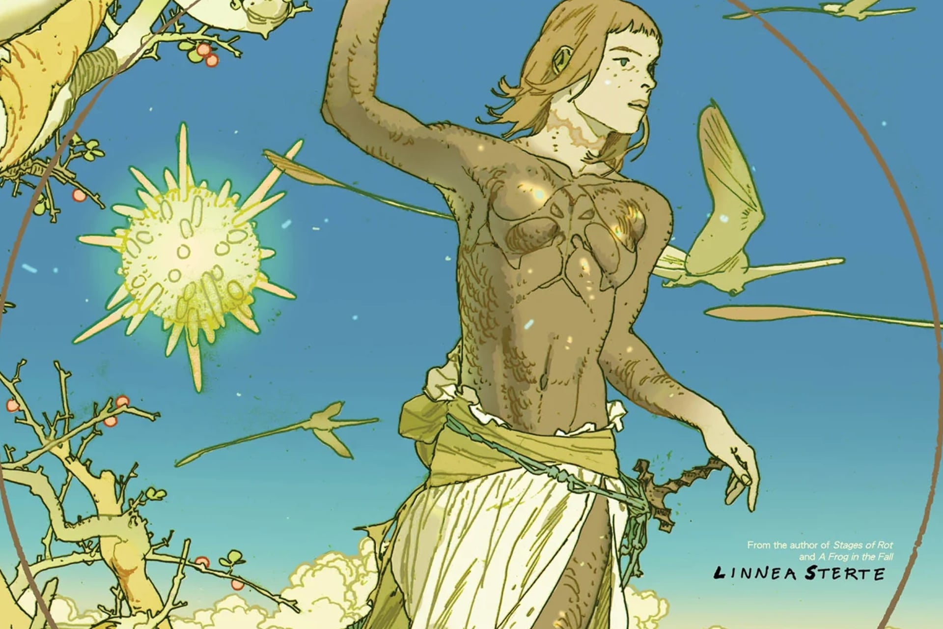 A Garden Of Spheres graphic novel cover page of a woman holding her sword as birds fly by.