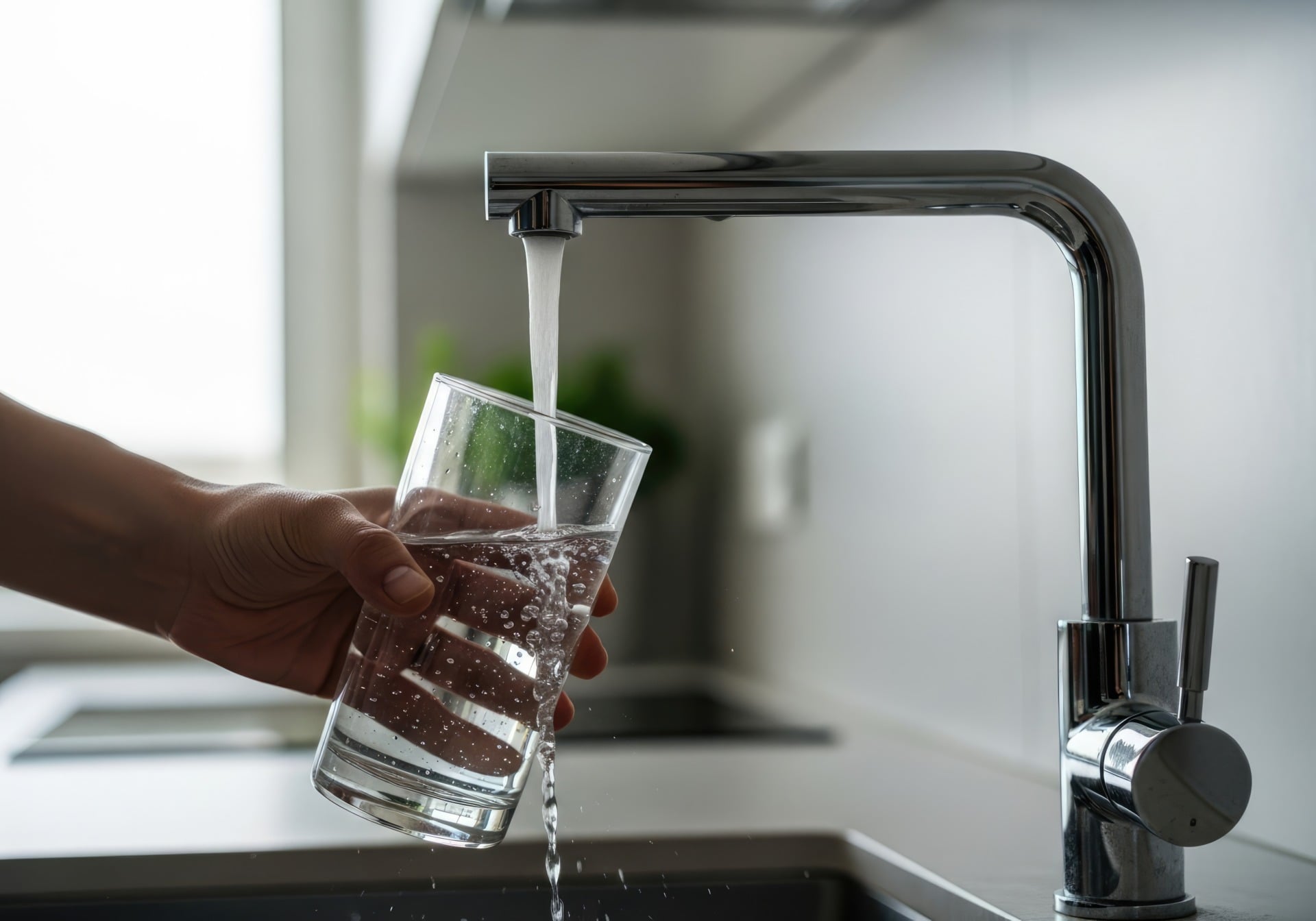 A person fills a glass of water from a kitchen sink.