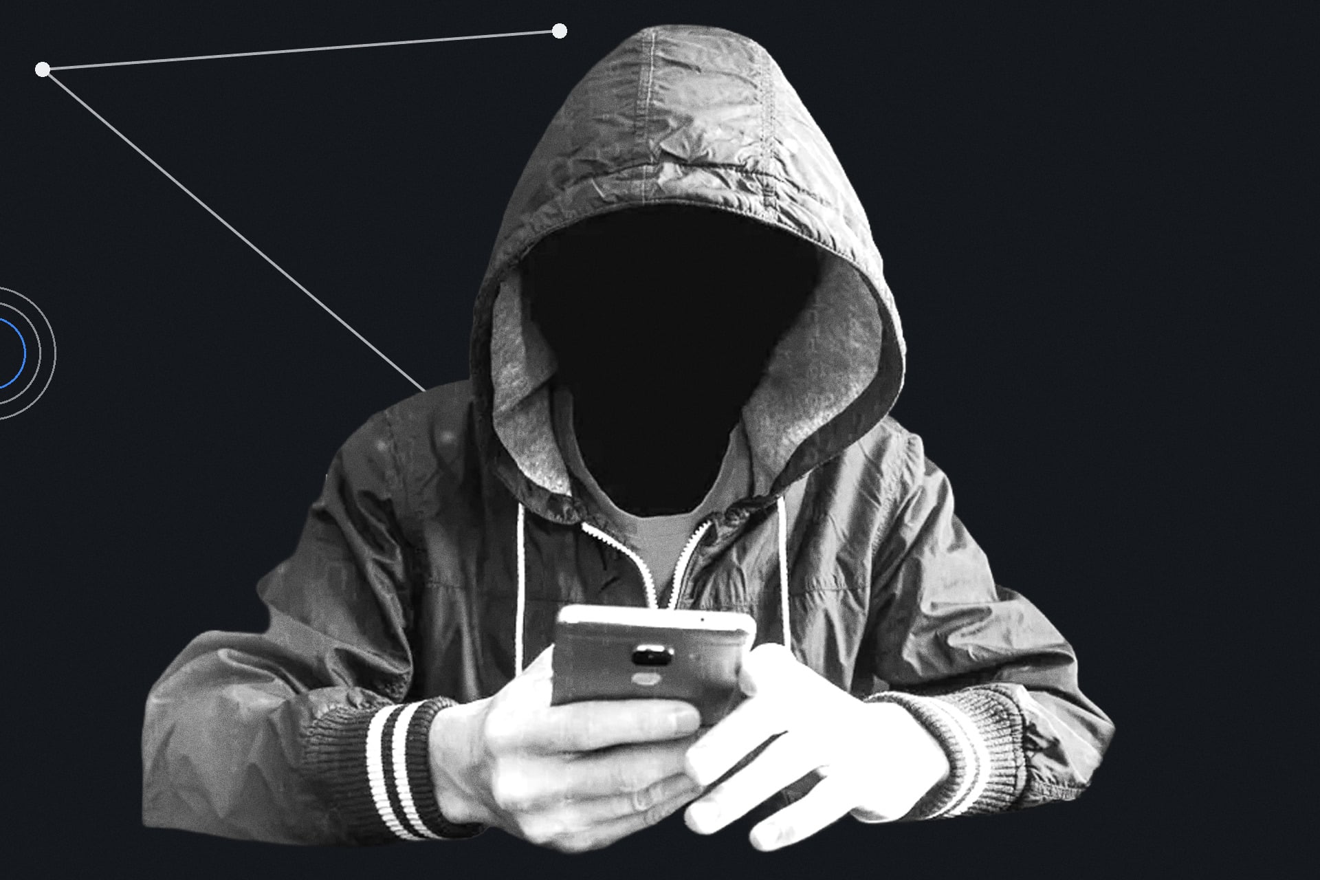 A person in a hoodie with a smartphone and code in the background