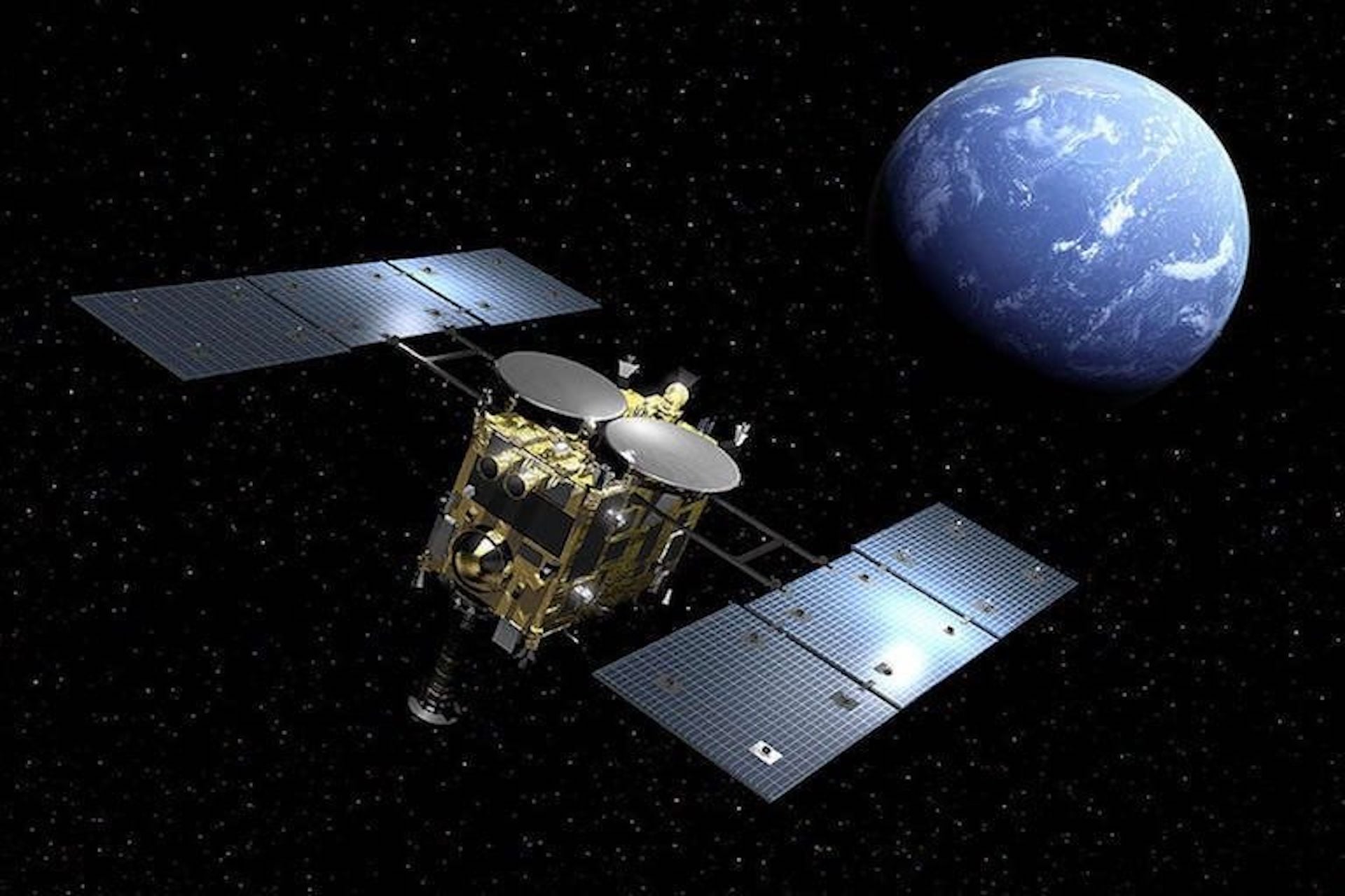 An artist's depiction of the Hayabusa2 spacecraft passing near Earth.