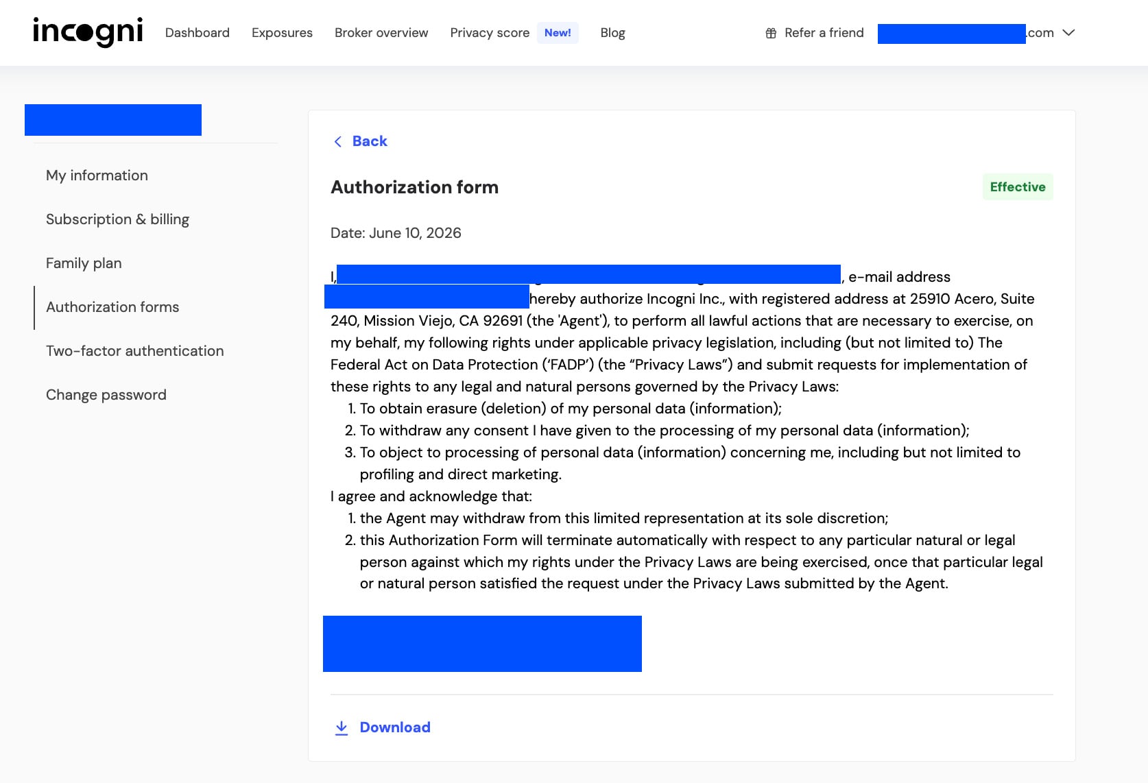 Incogni Authorization Form Gizmodo