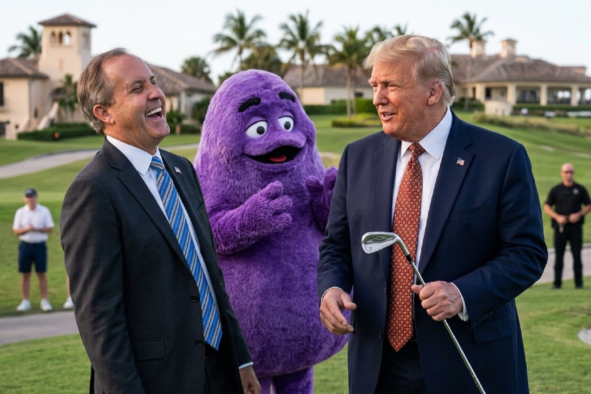 An AI-generated image of Ken Paxton, Grimace from McDonald's, and President Donald Trump, created with Google's Gemini AI tools. 