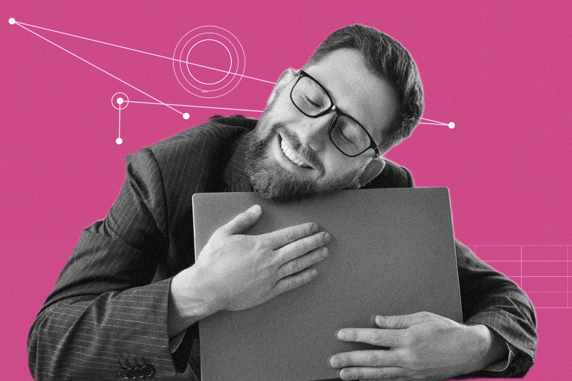 Man hugs his computer