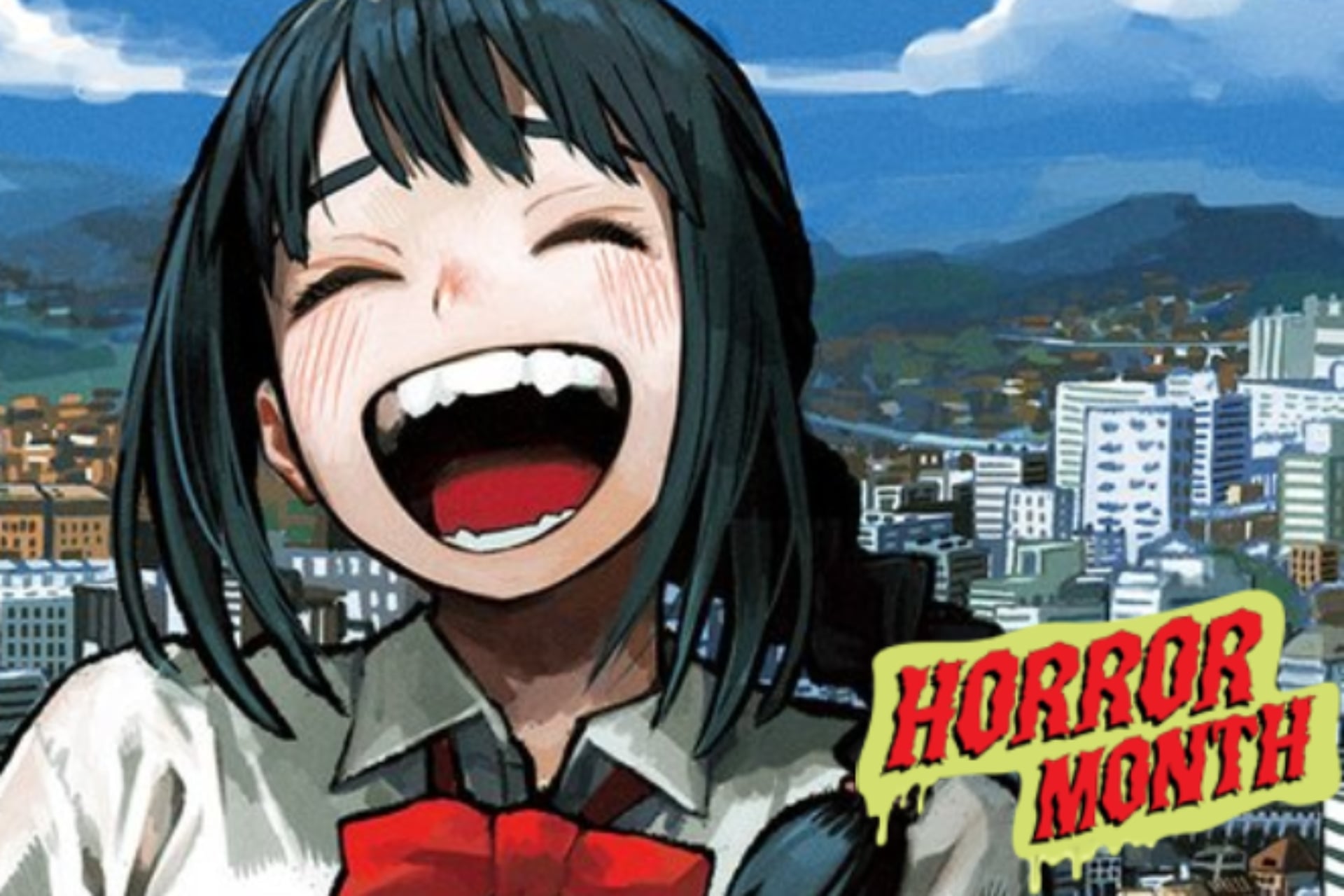 Quit Laughng Shijima manga cover art of a gargantuan girl laughing over a seaside town.