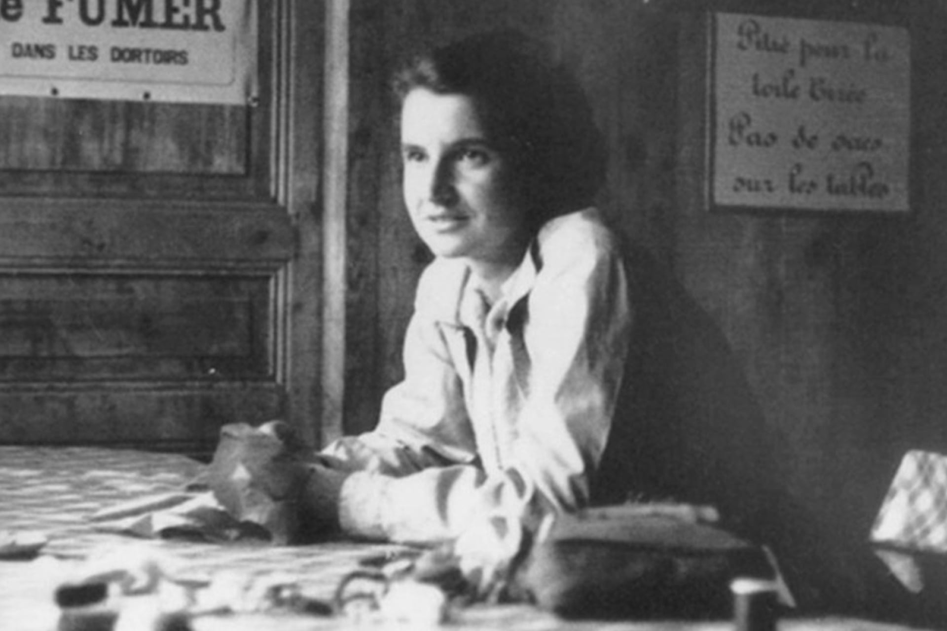 A photograph of English chemist and X-ray crystallographer Rosalind Elsie Franklin.