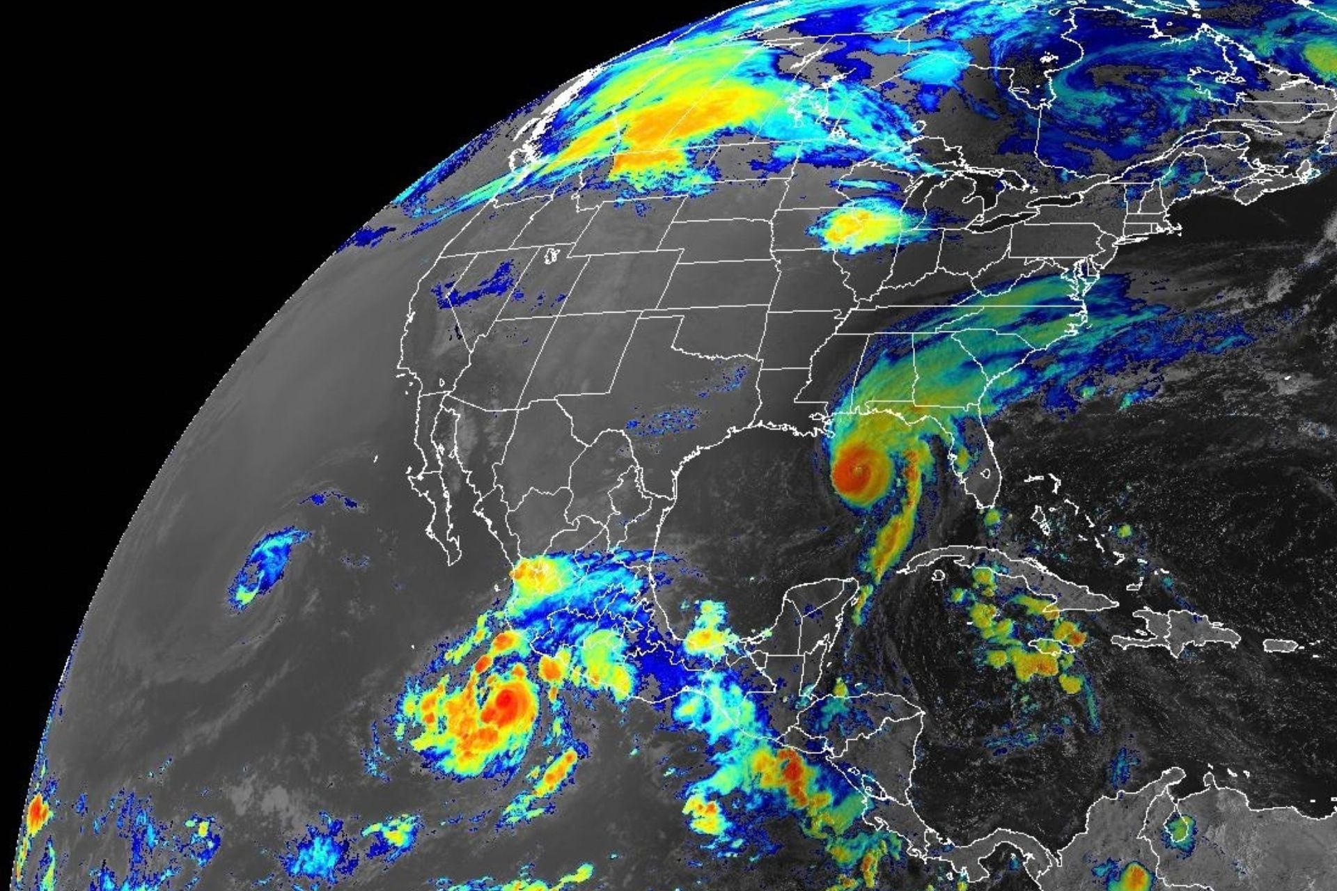 Three cyclones were approaching North America on October 9, 2026, as shown in this satellite image.