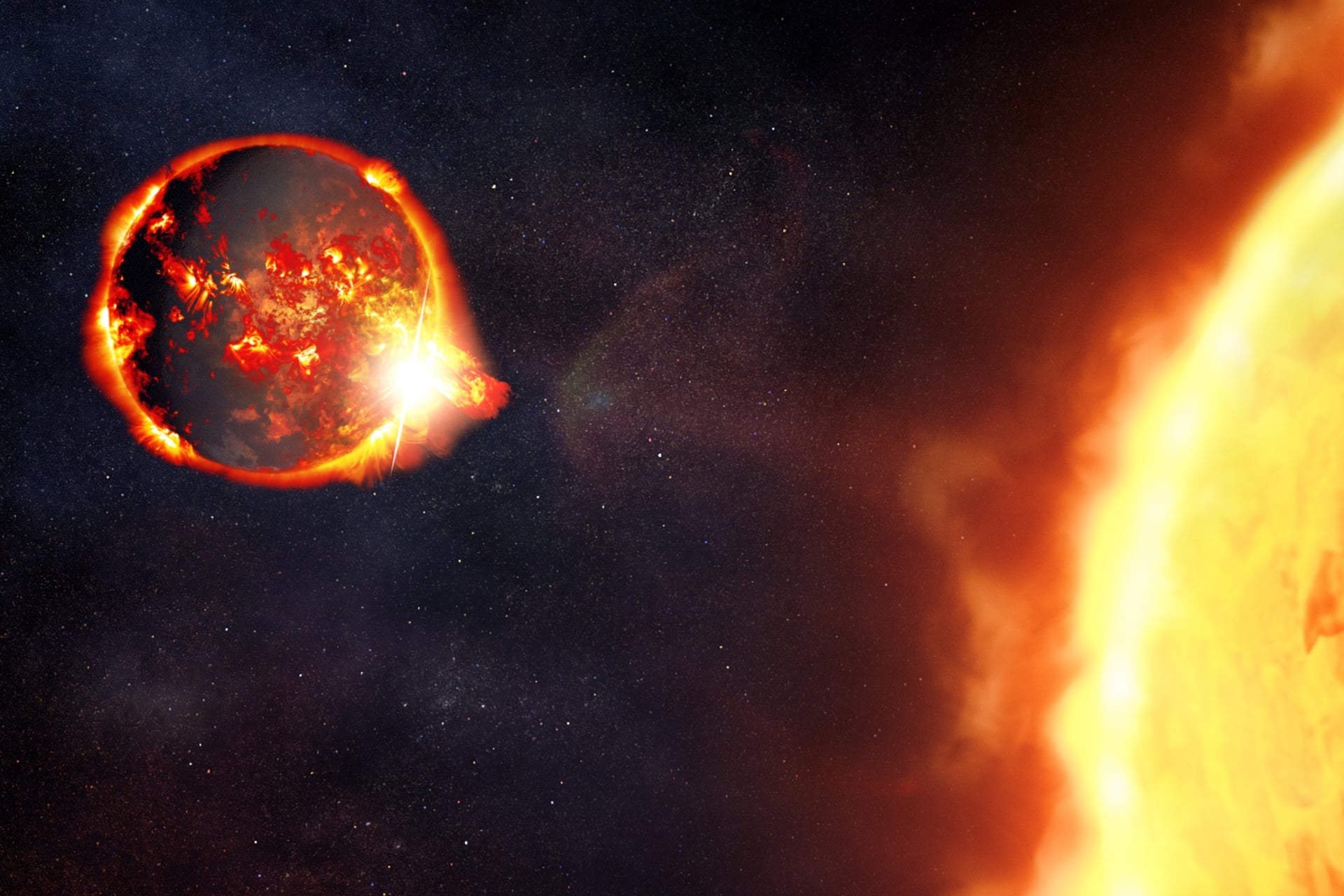 An artist's impression of a burning planet approaching the Sun. 