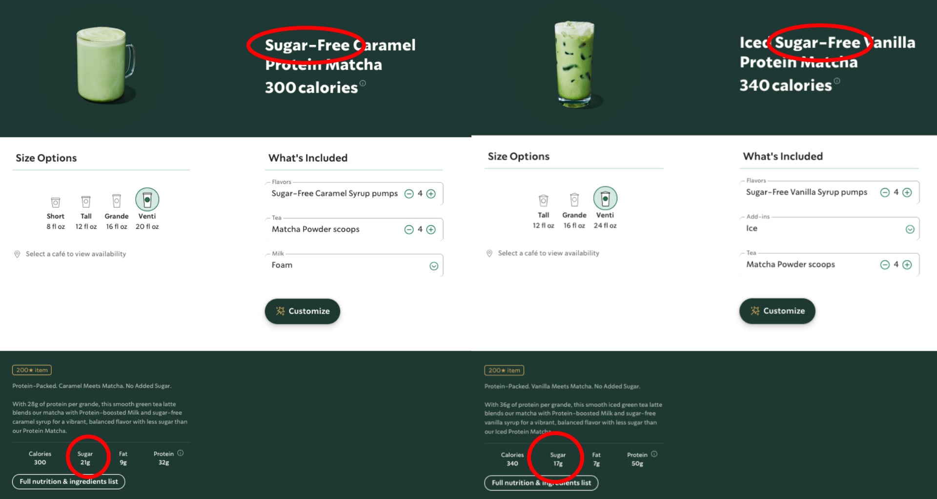 Screenshots showing Starbucks drinks listed as "sugar-free" that actually have sugar. Red annotations made by Gizmodo.