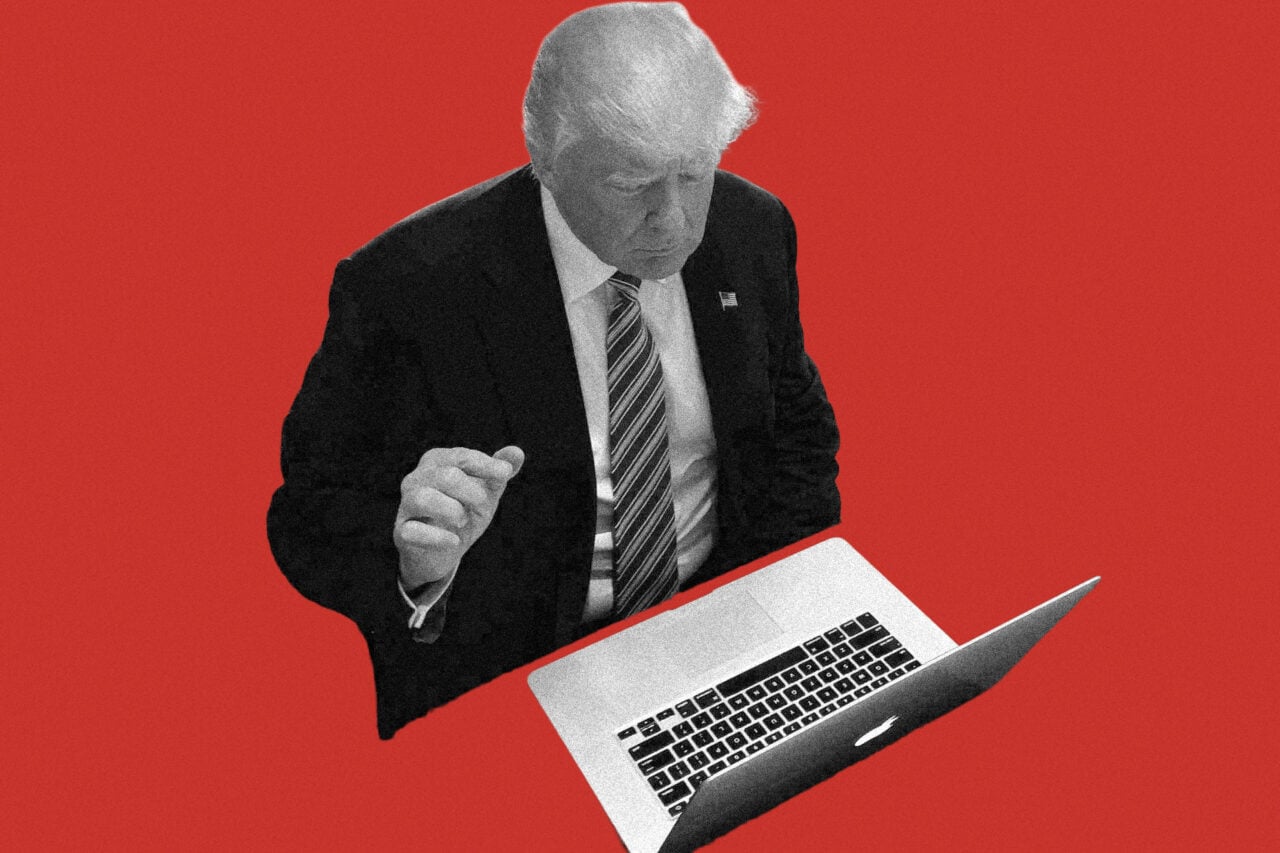 President Donald Trump sits awkwardly in front of a computer in a photo posted to Facebook on July 27, 2016.