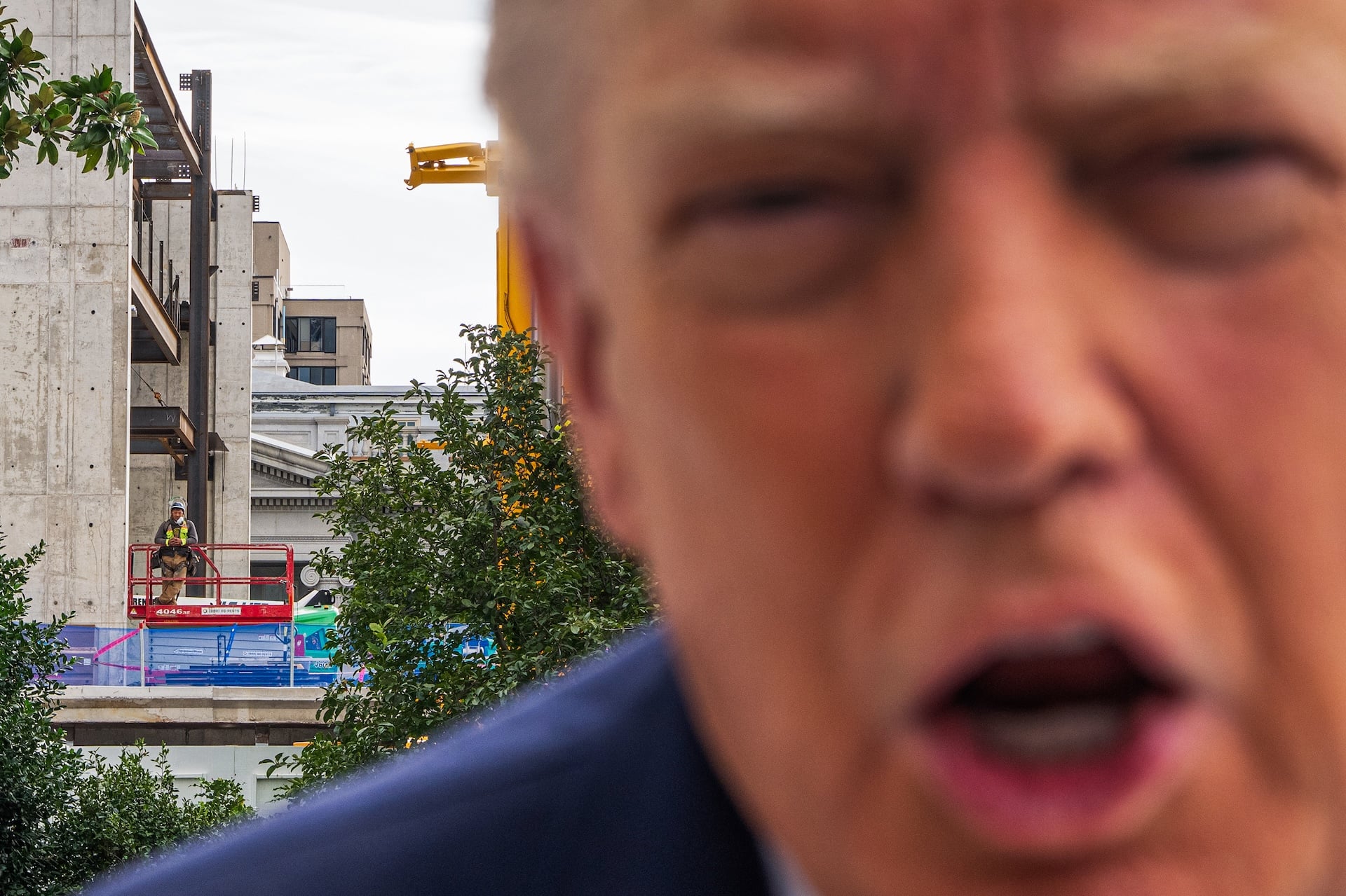 White House ballroom construction is visible behind U.S. President Donald Trump on the South Lawn of the White House on September 26, 2026 in Washington, DC. 