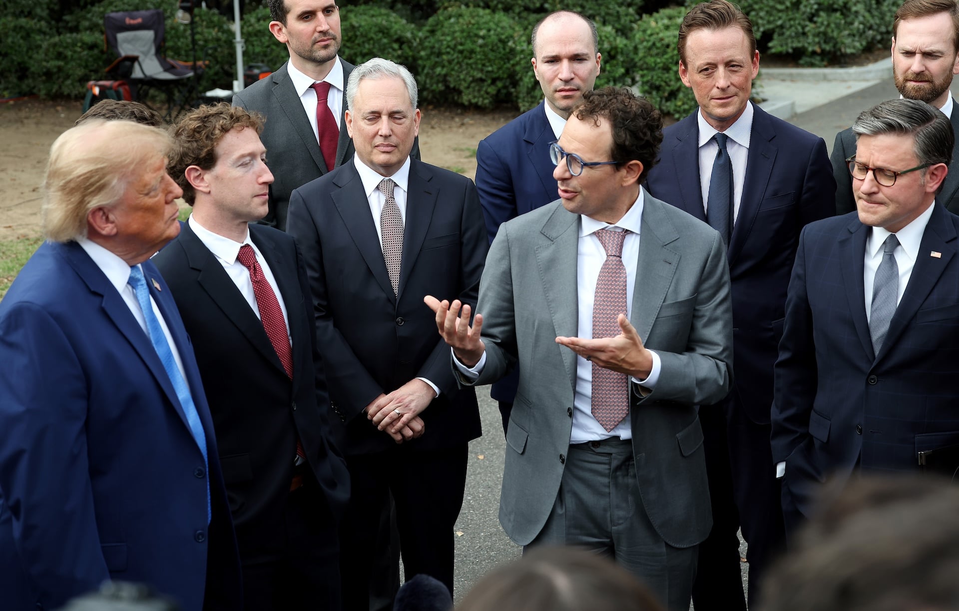 Dario Amodei, co-founded Anthropic, looks to Mark Zuckerberg, CEO of Meta Platforms, and U.S. President Donald Trump as Trump holds a press briefing with AI executives following a meeting on artificial intelligence outside the West Wing of the White House on September 29, 2026 in Washington, DC.