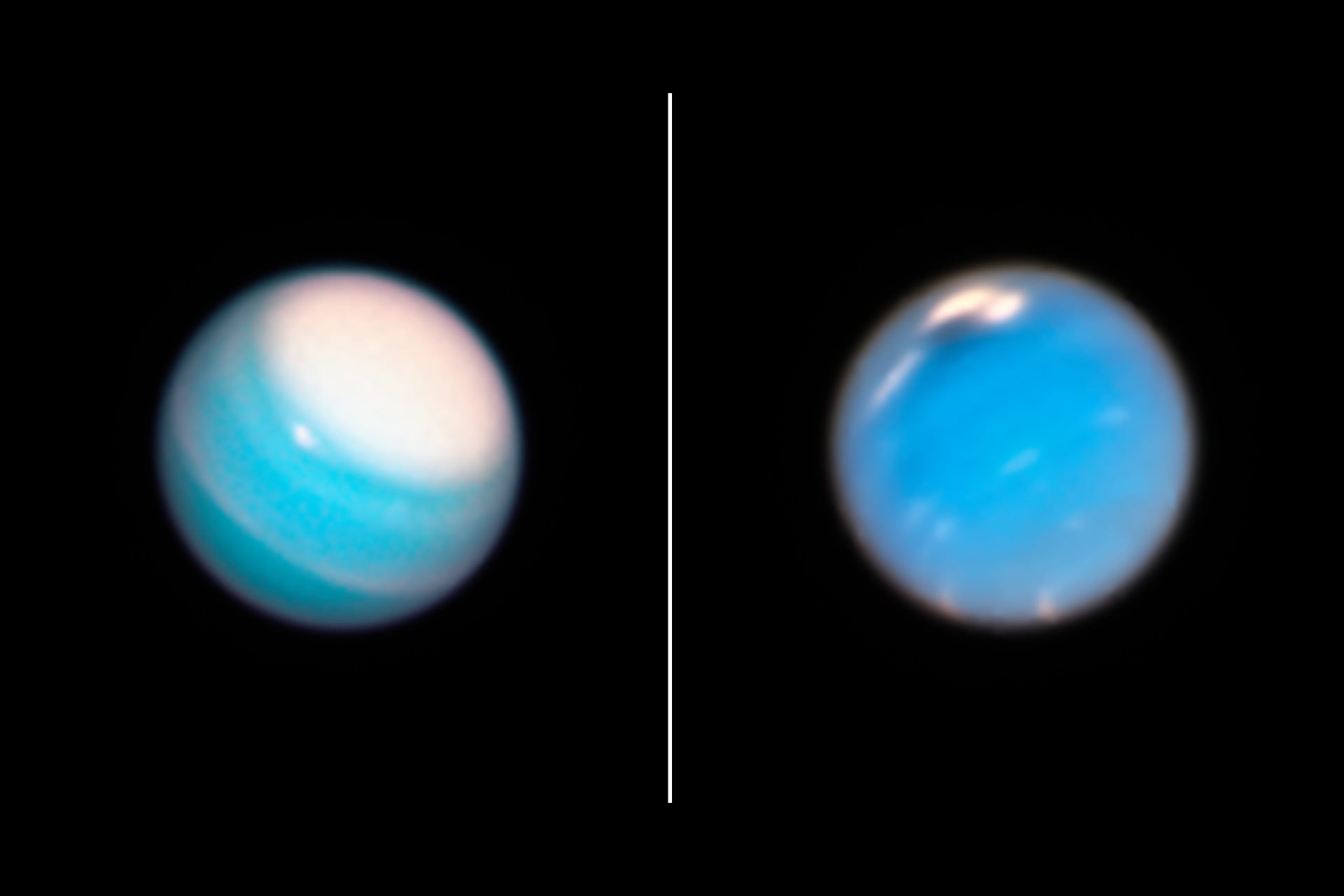 A side-by-side image of the atmospheres of Uranus (left) and Neptune (right), taken by the Hubble Space Telescope in 2019.