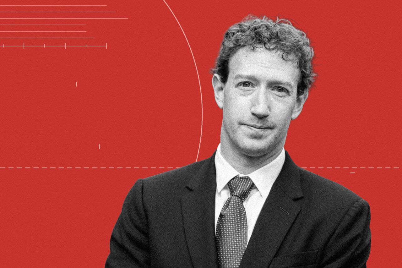 Mark Zuckerberg seen against a red background.